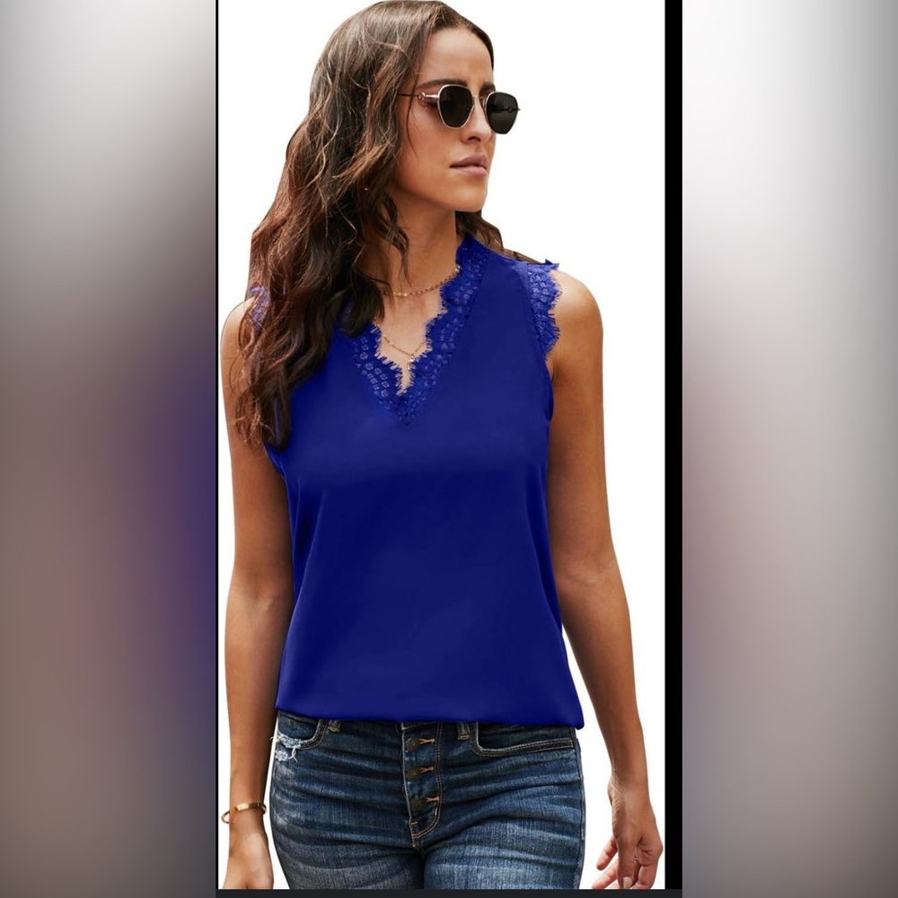 Women's V Neck Lace Trim Tank Tops Casual Loose Sleeveless Blouse Shirt Size L